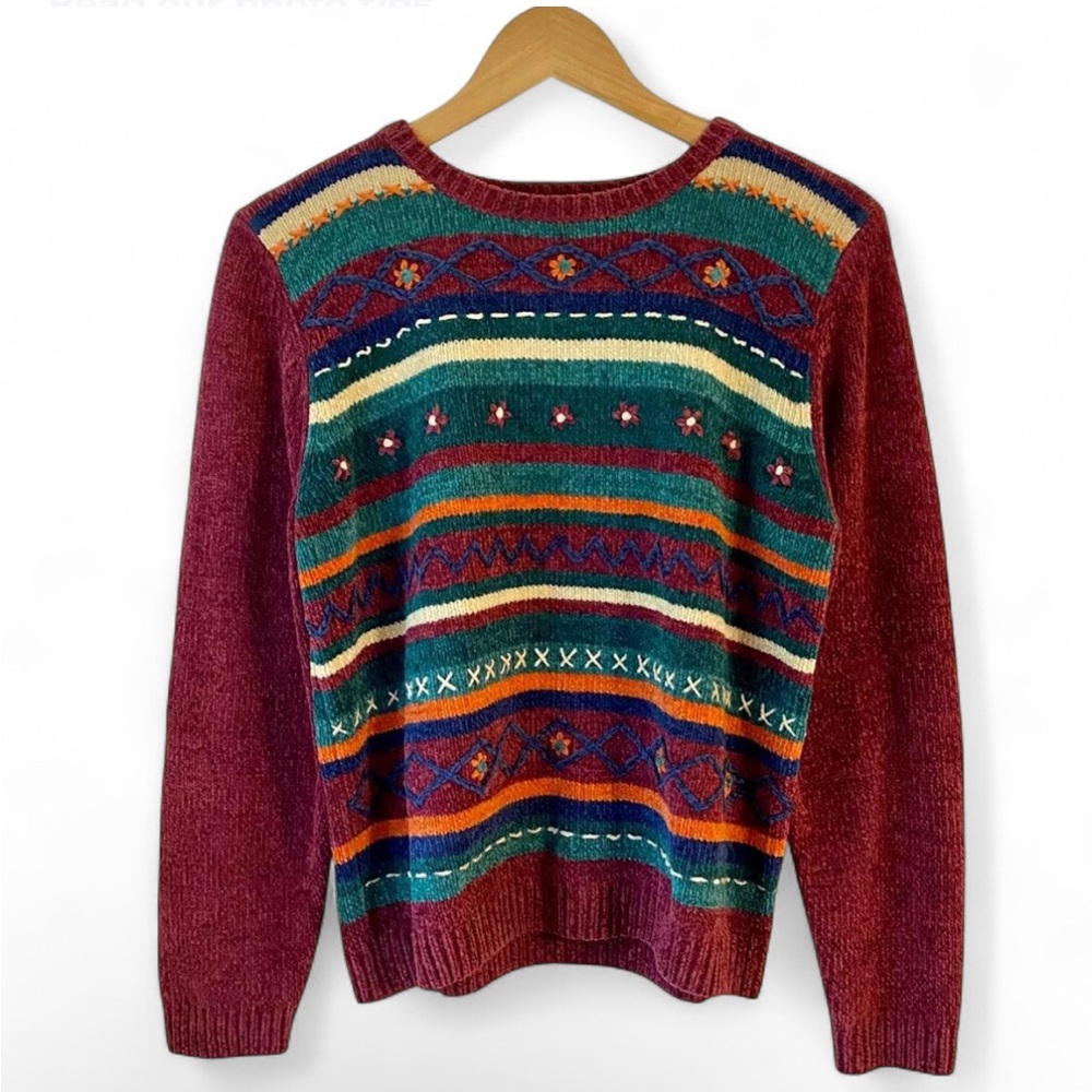 🧶 Alfred Dunner NWT burgundy stripe chenille cottagecore sweater, size L petite